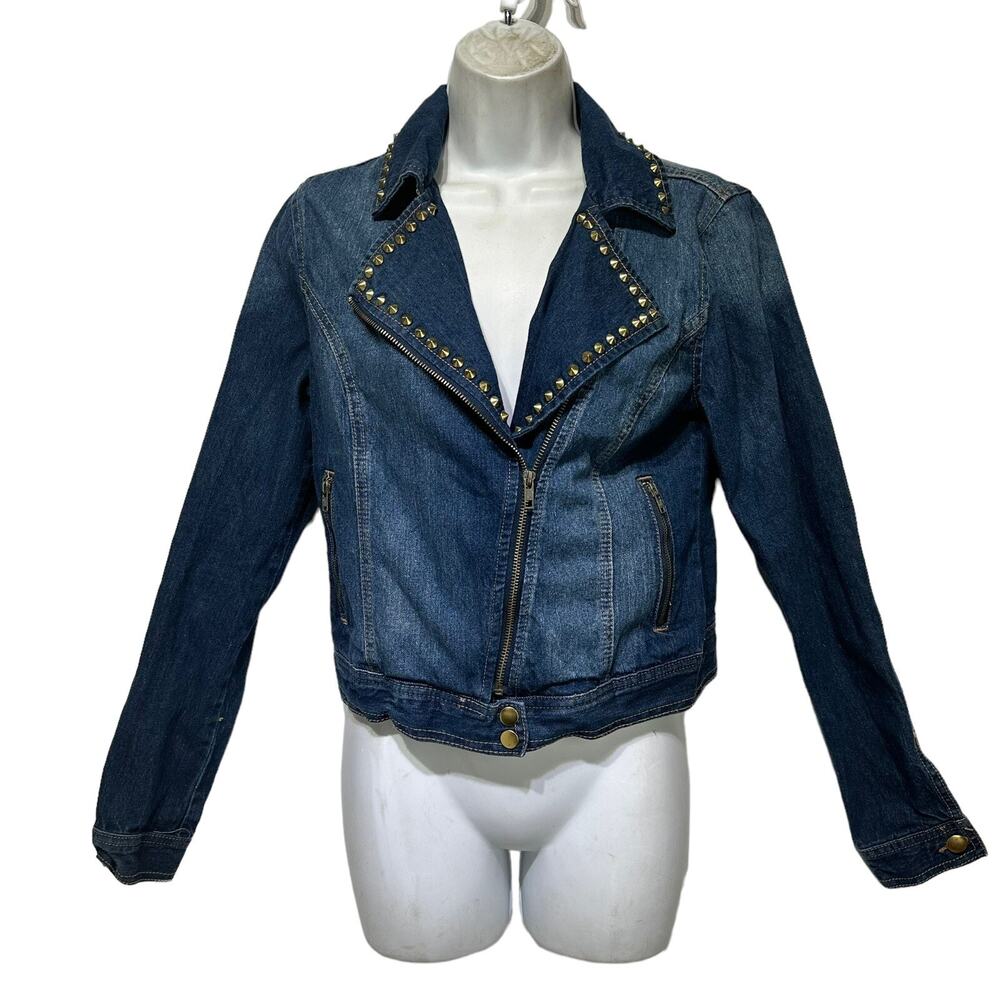 kitsch Embellished Metal studded Denim jean moto Zip front jacket Size M